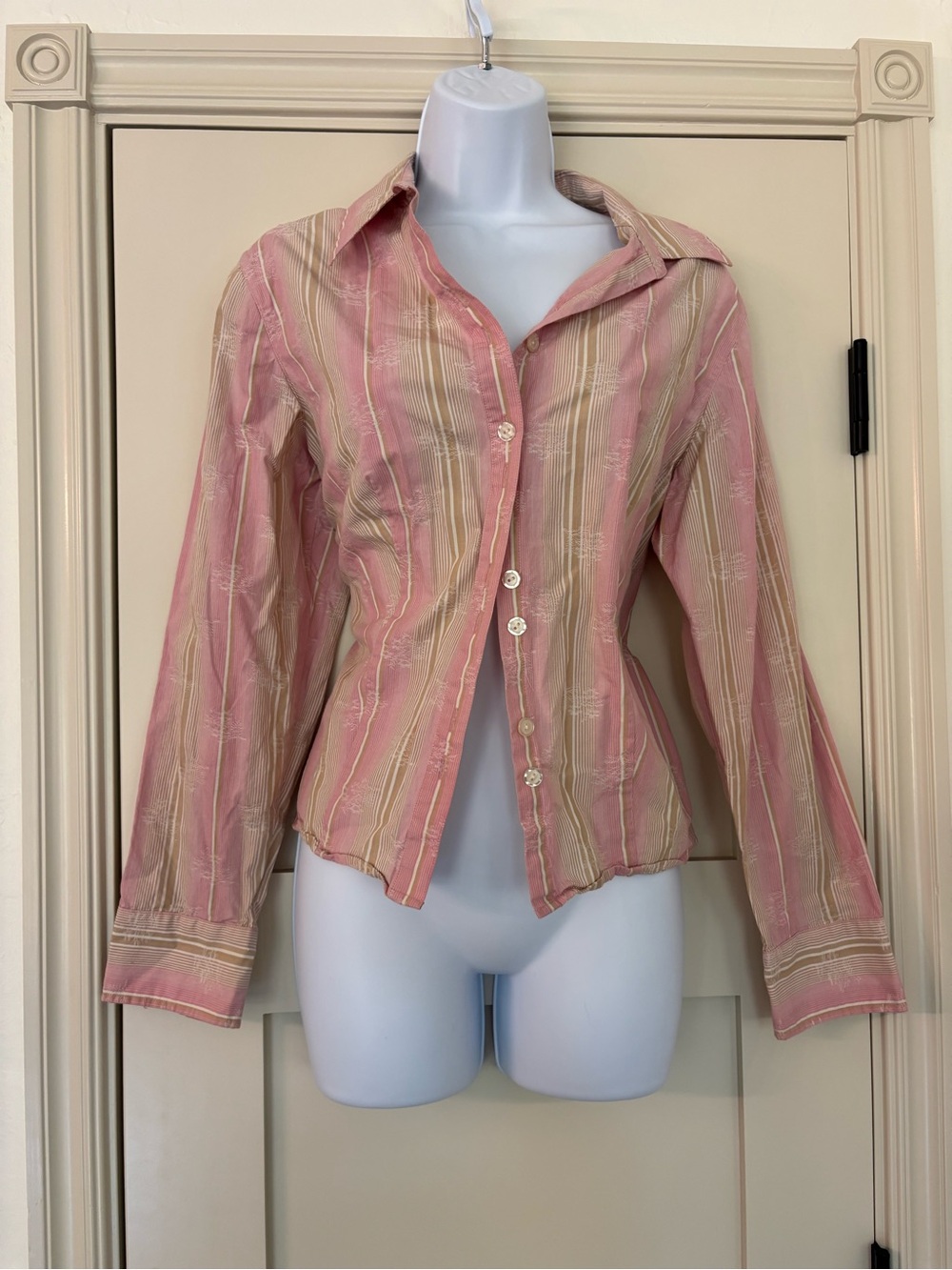 Vintage Bechamel Pink Brown Striped Button Down Girly Coquette Office Top Size L
